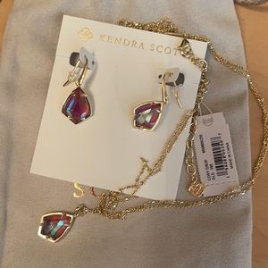Kendra Scott Cory Gold Drop Earrings and Necklace with blue dichroic glass